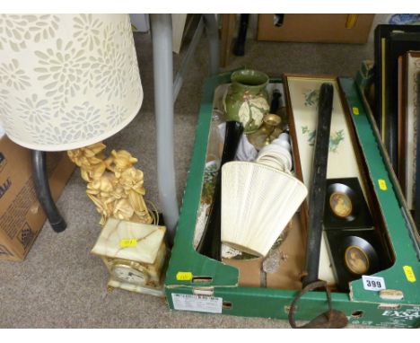 Box of collectables to include a long truncheon, a figural lamp, onyx mantel clock etc