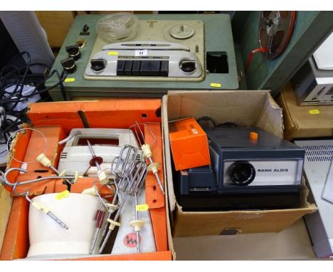 Vintage Perth reel to reel player, a Rank Aldis magazine slide projector and a vintage boxed Moulinex food processor