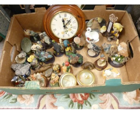 Box of collectable bird and animal figurines, various makers, vintage style wall clock etc