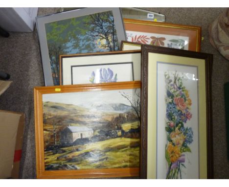 Vintage wall mirror and a quantity of framed woolwork pictures
