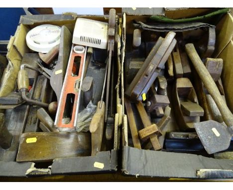 Two boxes of vintage block planes, mortice gauges, mallets, hand saws etc