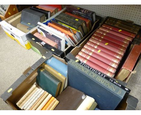 Four boxes of mixed vintage books including well bound 'New Book of Knowledge', series of Beatrix Potter publications etc