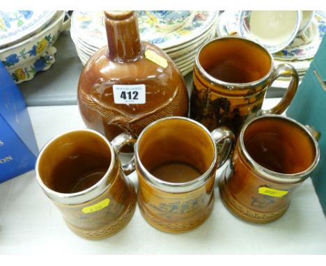 Carltonware Beneagles Scotch whisky flask, two McMillan & Co coaching tankards and two others