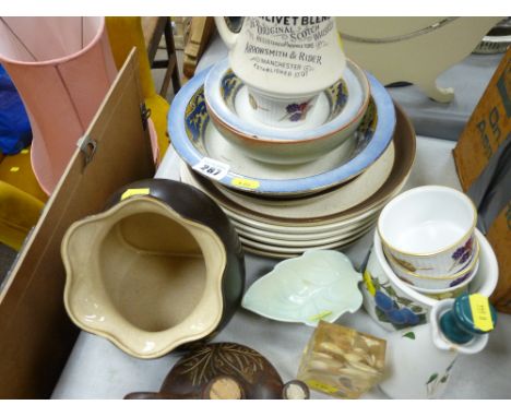 Parcel of mixed porcelain including Denby, Worcester, Portmeirion and an interesting jug 'Arrowsmith's Glenlivets Blend' etc