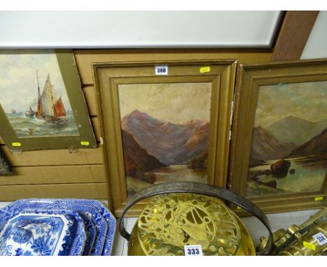 M DAVIES pair of mountainous oils on board and an unframed watercolour - seascape