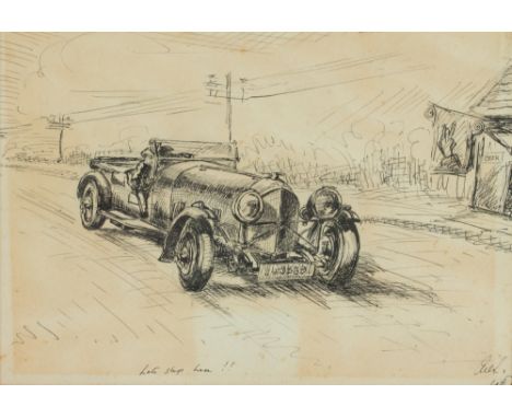 EARLY 20TH CENTURY ENGLISH SCHOOL 'Let's Stop There', a humorous pen and ink sketch with classic motor car pulling up by a ta