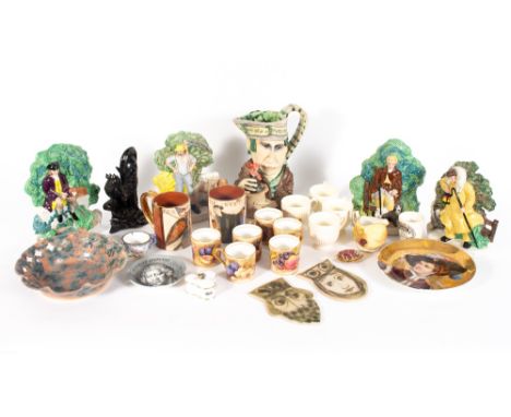 A MIXED GROUP OF CHINA to include four Masons ironstone hand decorated flatback figurines depicting a shepherd, a hunter and 
