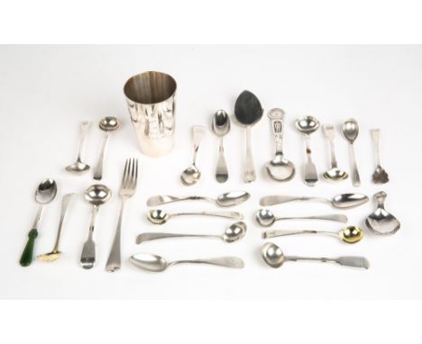 A GEORGE III SILVER DESSERT FORK in the old English pattern together with a silver jam spoon and a group of Georgian and late