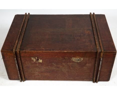 A CAMPHOR WOOD HARDWOOD TRUNK OR BOX with iron carrying handles to the side, 191cm wide x 59cm deep x 38cm high together with