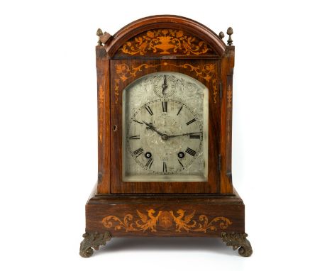 A LATE 19TH / EARLY 20TH CENTURY ROSEWOOD AND SATINWOOD INLAID BRACKET CLOCK the silvered and engraved dial with roman numera