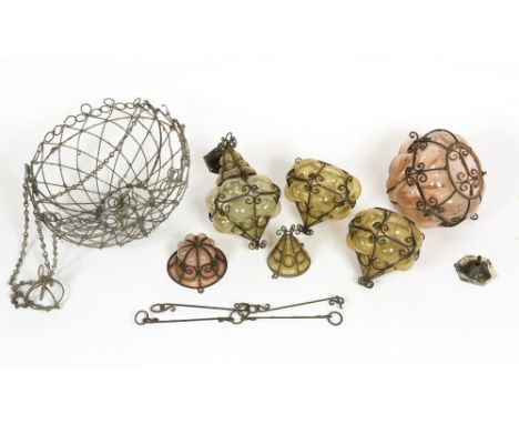 FOUR MID TO LATE 20TH CENTURY BULBOUS GLASS HANGING LIGHT FITTINGS the largest 22cm wide x 28cm high together with a galvaniz