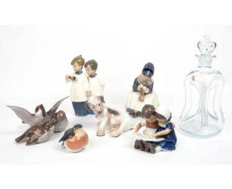 THREE ROYAL COPENHAGEN PORCELAIN FIGURINES  to include 1314, 2722 and 402 together with two B &amp; G Copenhagen figurines to