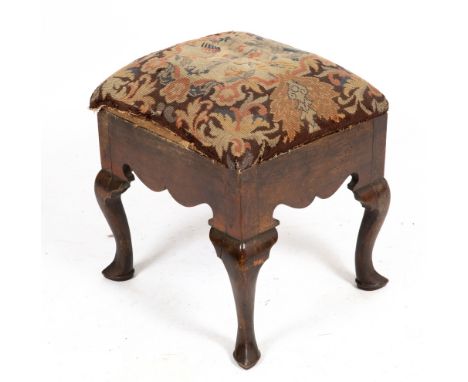 A GEORGE II MAHOGANY FRAMED STOOL with cabriole legs and hoof feet, 50cm wide x 44cm deep x 52cm high Condition: signs of old
