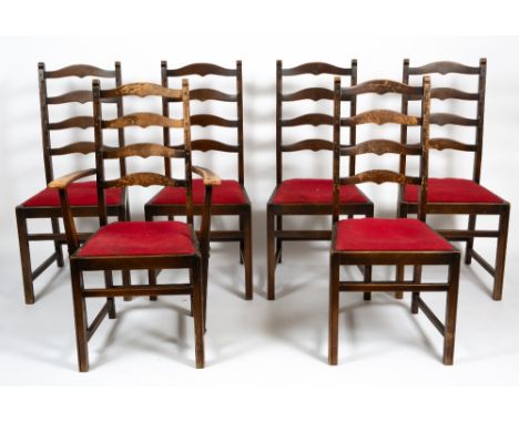 A SET OF SIX ERCOL LADDERBACK DINING CHAIRS with inset seats to include one carver, 61cm wide x 43cm deep x 98cm high Conditi