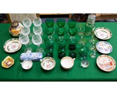 A COLLECTION OF CHINA AND GLASSWARE to include a set of six Waterford glasses, an opalescent green glass decanter and glasses