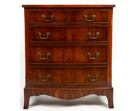 A LATE 20TH / EARLY 21ST CENTURY YEW WOOD VENEERED CHEST OF TWO SHORT AND THREE LONG DRAWERS with brass swan neck handles, ra