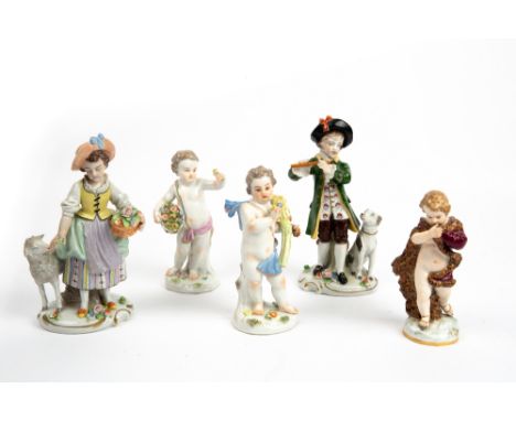 THREE MEISSEN PORCELAIN CHERUBS the largest 14cm in height together with a pair of Sitzendorf porcelain figurines, a girl wit