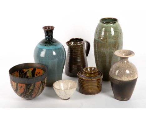 A MIXED COLLECTION OF STUDIO POTTERY  to include an Ara Cardew jar and cover, 11cm diameter x 11cm high; a Leach Pottery jug,