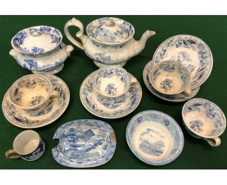 A SMALL GROUP OF 19TH CENTURY BLUE AND WHITE DOLL'S HOUSE TEA AND DINNER WARESconsisting of four cups and saucers, the saucer