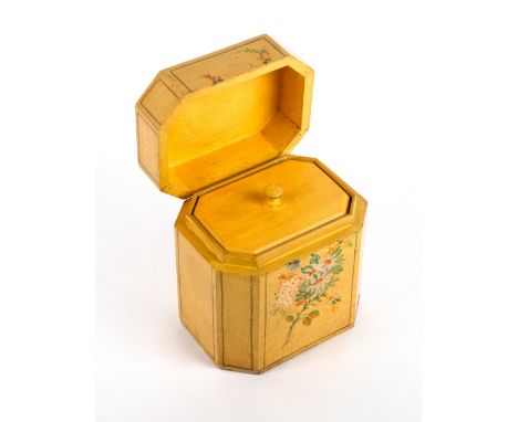 A GEORGE III STYLE YELLOW PAINTED OCTAGONAL TEA CADDY with floral decoration, 12cm wide x 9cm deep x 13cm high At present, th