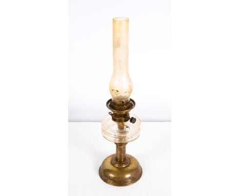 A VICTORIAN HINKS BRASS AND GLASS OIL LAMP with faceted reservoir and Hinks number 2 lever burner with possibly later funnel,