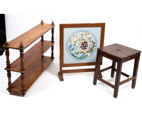 A VICTORIAN MAHOGANY TWO TIER WALL SHELF with turned supports, 104cm wide x 23.5cm deep x 70cm high; a late 18th or early 19t