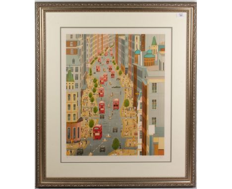 FRANCH LEDAN  London street scene with buses, print, signed and numbered 6/35, 61cm x 50cm, framed and glazed, overall 94cm x