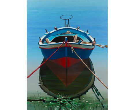 IGOR MEDVEDEV (1931-2015) Moored boat, in blue and red, print, signed and numbered 98/100, 75.5cm x 56cm, framed and glazed, 
