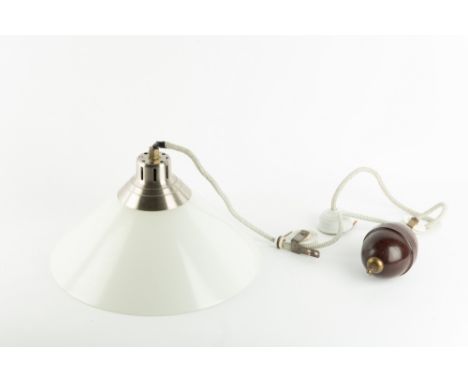 A WHITE GLASS HANGING LIGHT FITTING 31cm diameter x 20cm in height, with an early 20th century Bakelite pulley system, not or