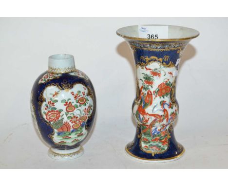 18th Century Worcester porcelain vase, the blue ground with painted kakiemon bird decoraration together with a similar tea ca