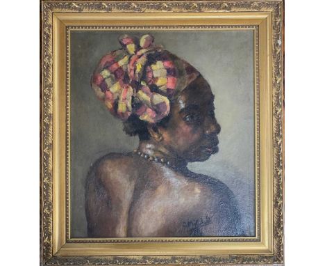 Attributed to Glen Mitchell (American,1894-1972), Bust portrait of an African lady, oil on board, signed, 46x39cm, framed