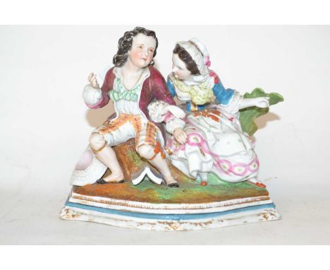 A ceramic dressing table set, the cover modelled as a pair of lovers, possibly Paris porcelain