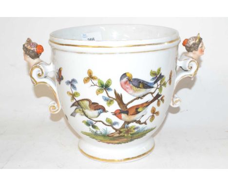 A Dresden porcelain jardiniere decorated in Meissen style with birds in branches and mask figural handles after Kandler, blue