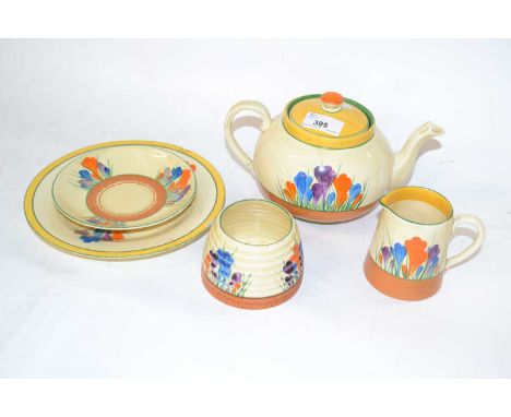 Clarice Cliff Bazaar Crocus pattern wares comprising teapot, preserve pot, jug, saucer and side plates, most pieces showing s
