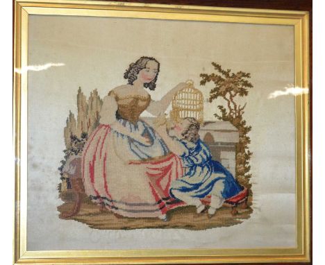Victorian School, embroidery on silk of a woman with a child, 33.5x39cm, framed and glazed