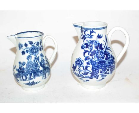 Two 18th Century Worcester porcelain sparrowbeak jugs, one with a fence pattern the other with three ladies pattern (a/f)