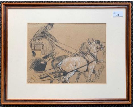 Lionel Edwards RI (1878-1966) Study of a horse drawn carriage and driver, charcoal and graphite heighened in white, Initialed