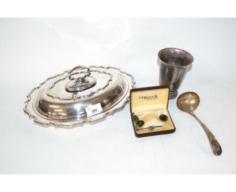 A plated tureen and cover by Walker &amp; Hall together with a plated ladle, brooch with enamel Royal crest and other items