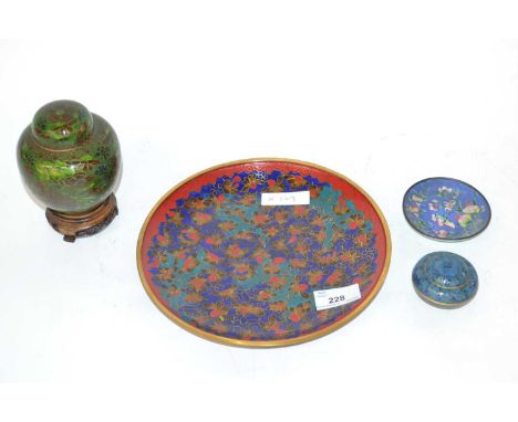 Group of Chinese Cloisonne wares including a dish, small jar and cover, further small enamelled dish with peaches and further