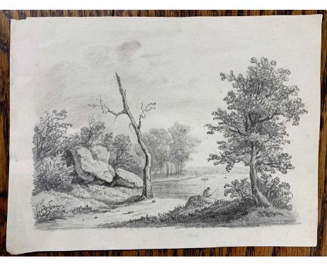 In the manner of John Crome (1768-1821), A lone figure sits fishing on the river bank, pencil study on paper, unsigned, bears
