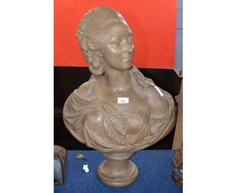 A large ceramic bust of Mme Du Bary bearing an inscription and date, 1775 verso. 