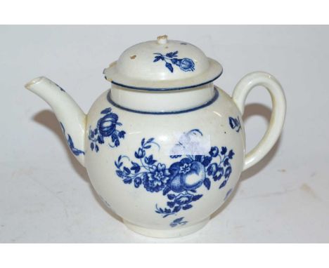 An 18th Century Worcester porcelain teapot with blue and white  fruit decoration, (the cover with knop missing and chips)