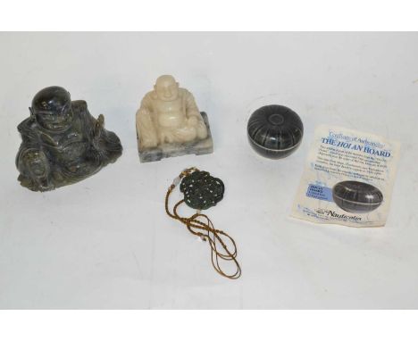 A group of Chinese pottery wares including a soapstone model of a Buddha, a further example, carved necklace and small bowl w