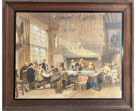 Circle of William Henry Romaine Walker (1854-1940), 17th century Interior scene with figures / nobleman gathered around a tab