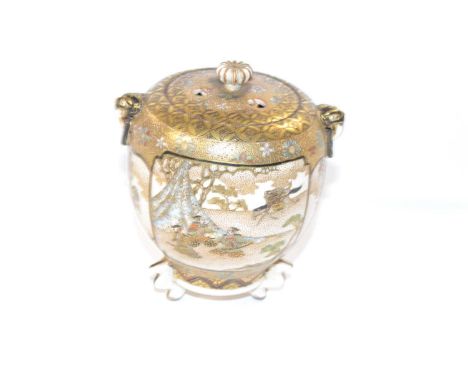 Satsuma Jar and Cover: Meiji period with signature block to base of globular form and simulated ivory tusk handles decorated 