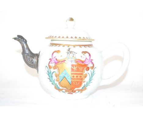 An 18th Century Chinese porcelain teapot with armorial decoration (replacement metal spout)