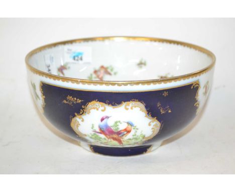 A Worcester Style Bowl probably Samson painted with exotic birds and butterflies to the interior the blue ground similarly de