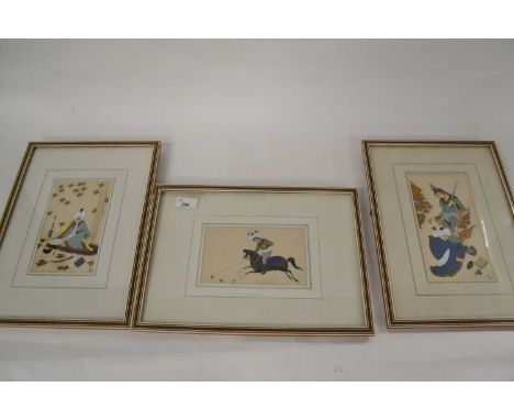 Group of three framed Persian style watercolours one with monogram bottom right, late 19th/20th Century, largest image 22 x 1