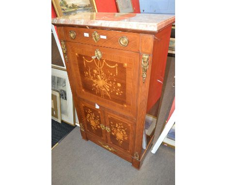 A 20th Century French Secretaire Abattant with a marble top over a body with single drawer, a drop down central door opening 