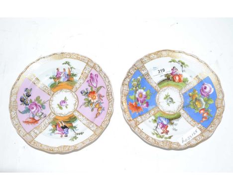 Two Meissen or Dresden style plates with cancelled blue cross swords mark to base, 19cm diameter